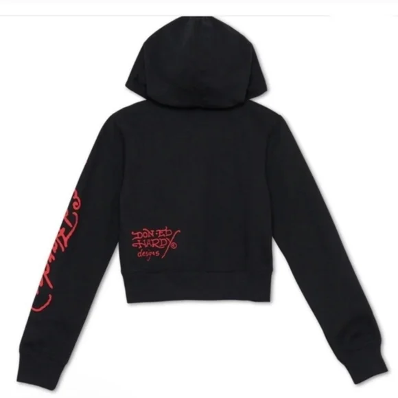 Ed Hardy Black New York City Nyc Skull Cropped Hoodie Size Large. - Picture 3 of 12